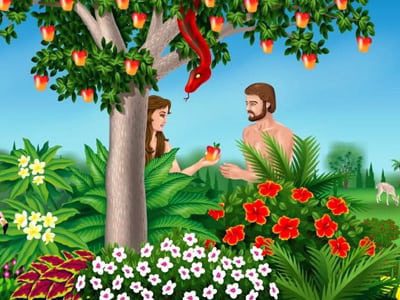 The biblical image of Adam and Eve in Eden: Eve is holding the forbidden fruit.