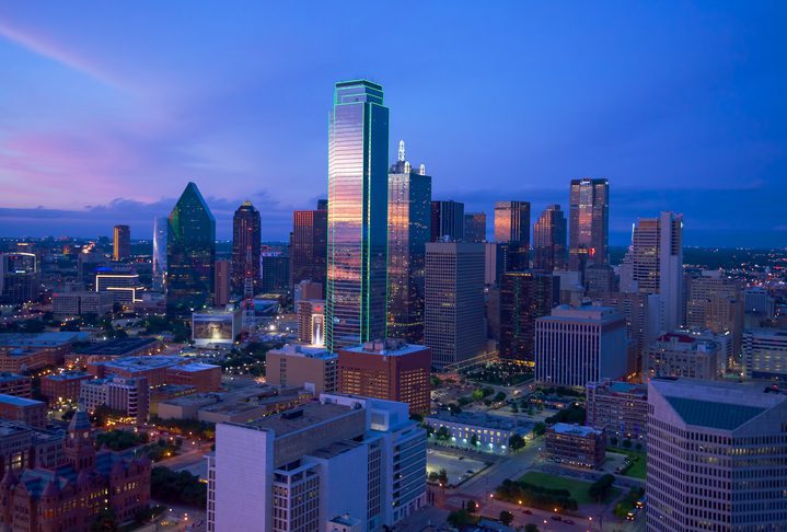 View of the city at sunset.